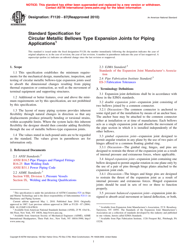 ASTM F1120-87(2010) - Standard Specification for Circular Metallic Bellows Type Expansion Joints for Piping Applications