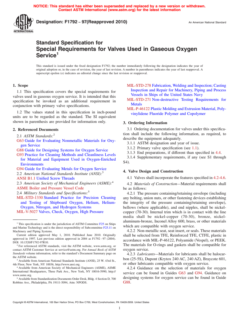 ASTM F1792-97(2010) - Standard Specification for Special Requirements for Valves Used in Gaseous Oxygen Service