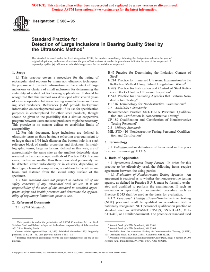 ASTM E588-95 - Standard Practice for Detection of Large Inclusions in Bearing Quality Steel by the Ultrasonic Method