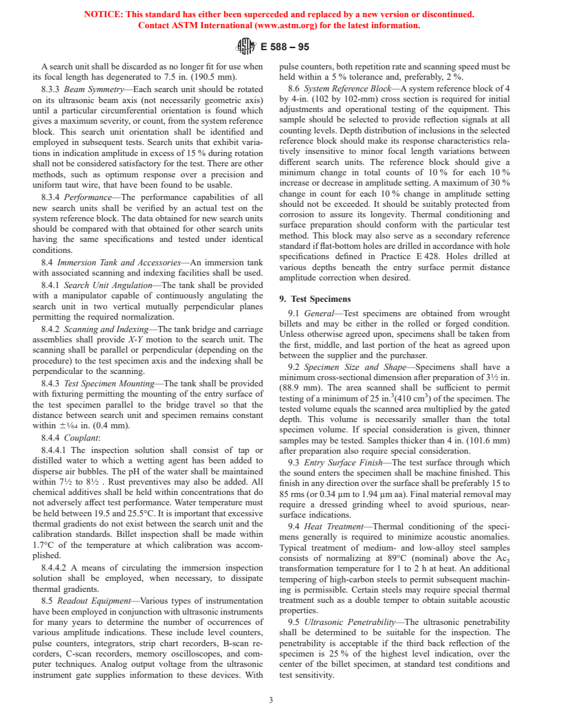 ASTM E588-95 - Standard Practice for Detection of Large Inclusions in Bearing Quality Steel by the Ultrasonic Method