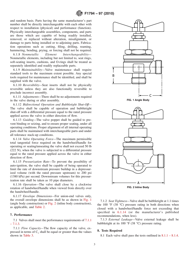 ASTM F1794-97(2010) - Standard Specification for Hand-Operated, Globe-Style Valves for Gas (Except Oxygen Gas), and Hydraulic Systems