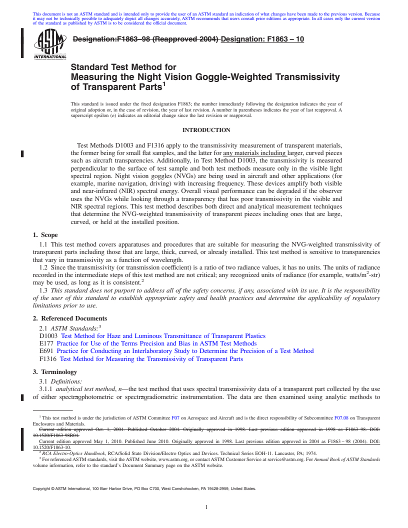 REDLINE ASTM F1863-10 - Standard Test Method for Measuring the Night Vision Goggle-Weighted Transmisivity of Transparent Parts