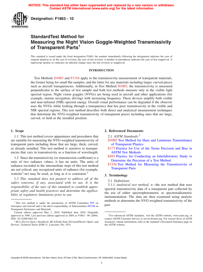 ASTM F1863-10 - Standard Test Method for Measuring the Night Vision Goggle-Weighted Transmisivity of Transparent Parts