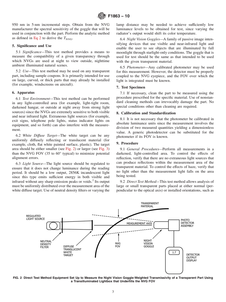 ASTM F1863-10 - Standard Test Method for Measuring the Night Vision Goggle-Weighted Transmisivity of Transparent Parts