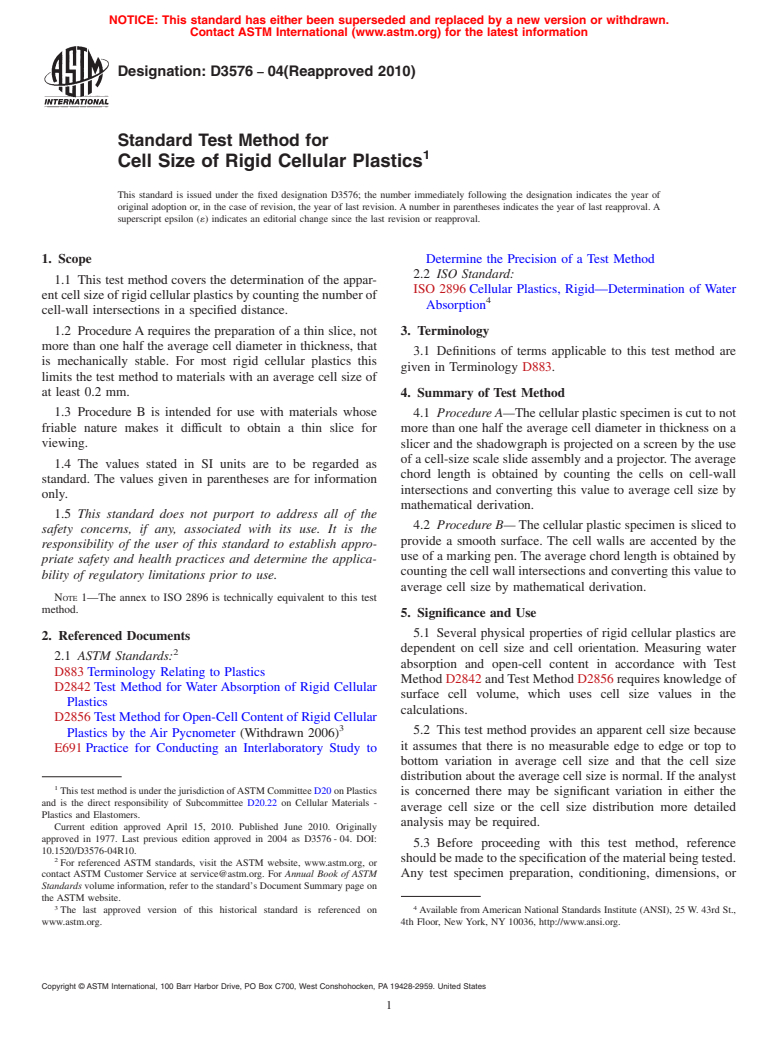 ASTM D3576-04(2010) - Standard Test Method for Cell Size of Rigid Cellular Plastics