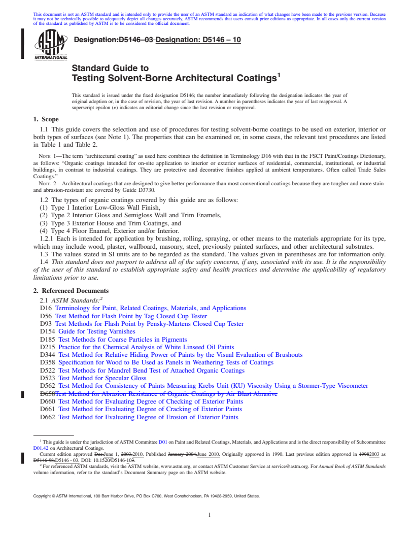REDLINE ASTM D5146-10 - Standard Guide to Testing Solvent-Borne Architectural Coatings