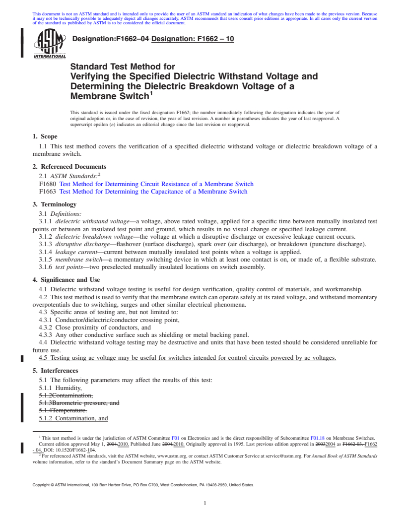 REDLINE ASTM F1662-10 - Standard Test Method for Verifying the Specified Dielectric Withstand Voltage and Determining the Dielectric Breakdown Voltage of a Membrane Switch