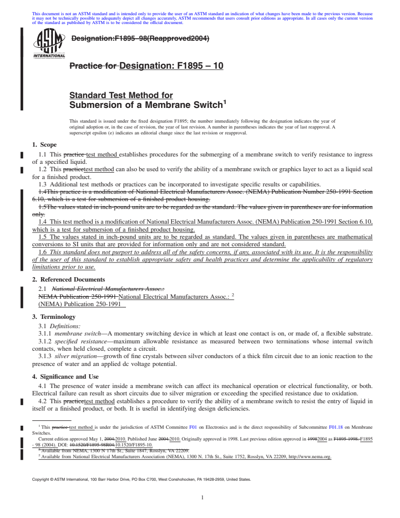 REDLINE ASTM F1895-10 - Practice for Submersion of a Membrane Switch