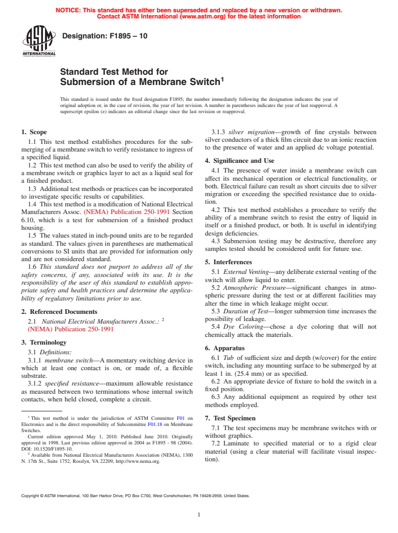 ASTM F1895-10 - Practice for Submersion of a Membrane Switch