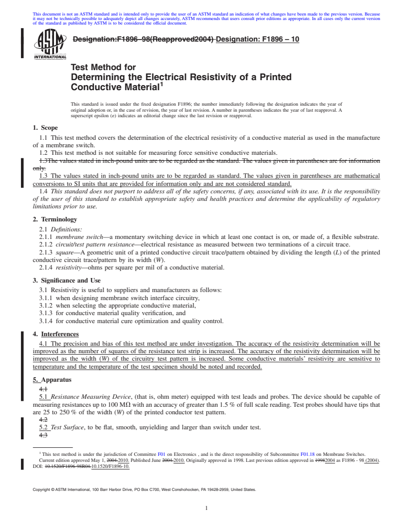 REDLINE ASTM F1896-10 - Test Method for Determining the Electrical Resistivity of a Printed Conductive Material