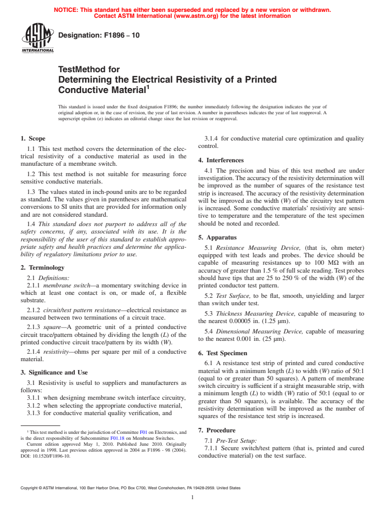 ASTM F1896-10 - Test Method for Determining the Electrical Resistivity of a Printed Conductive Material