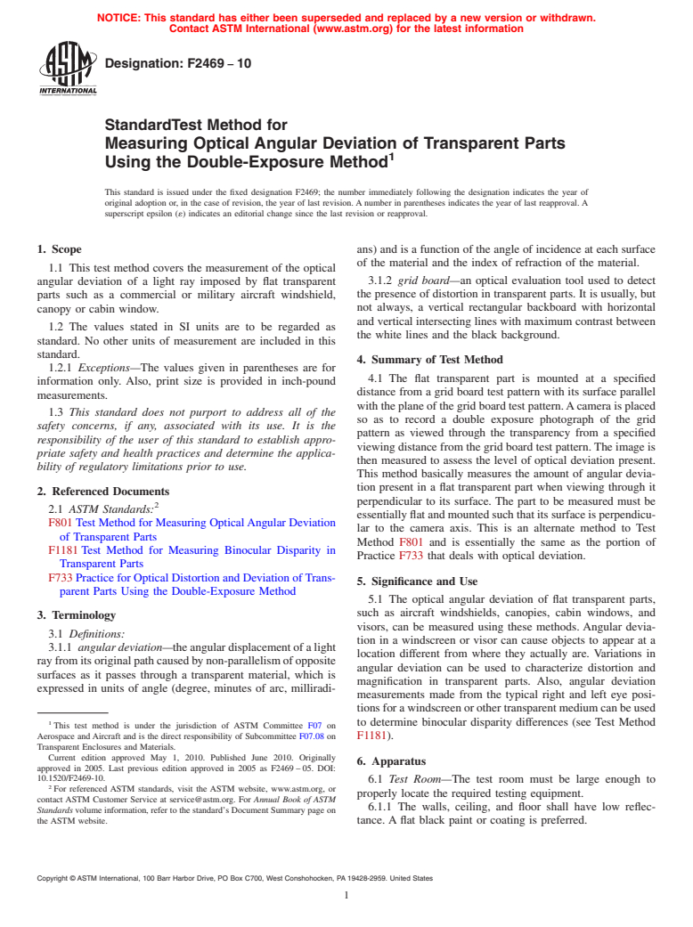 ASTM F2469-10 - Standard Test Method for Measuring Optical Angular Deviation of Transparent Parts Using the Double-Exposure Method