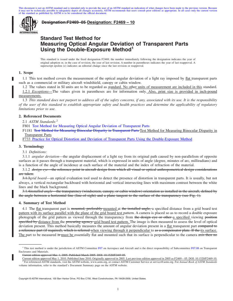 REDLINE ASTM F2469-10 - Standard Test Method for Measuring Optical Angular Deviation of Transparent Parts Using the Double-Exposure Method