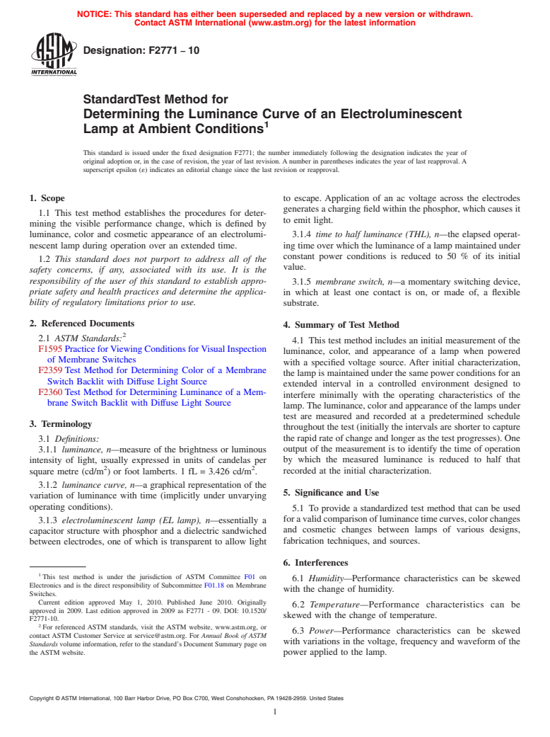 ASTM F2771-10 - Standard Test Method for Determining the Luminance Curve of an Electroluminescent Lamp at Ambient  Conditions