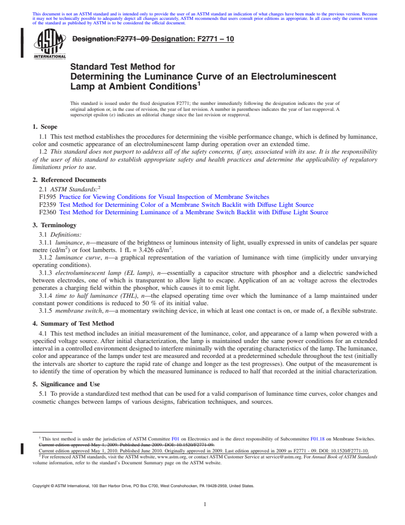 REDLINE ASTM F2771-10 - Standard Test Method for Determining the Luminance Curve of an Electroluminescent Lamp at Ambient  Conditions