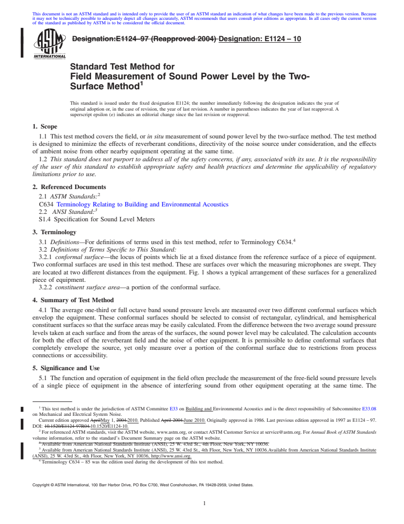 REDLINE ASTM E1124-10 - Standard Test Method for Field Measurement of Sound Power Level by the Two-Surface Method