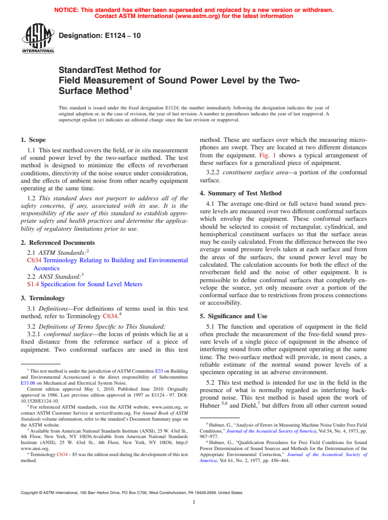 ASTM E1124-10 - Standard Test Method for Field Measurement of Sound Power Level by the Two-Surface Method