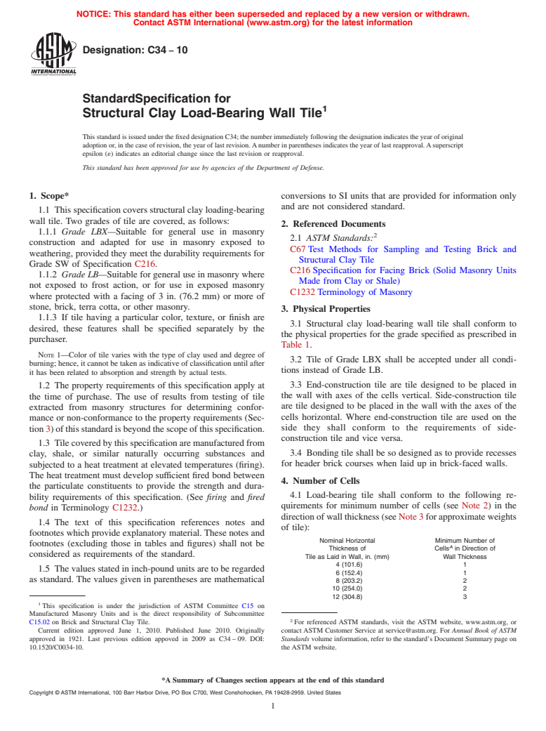 ASTM C34-10 - Standard Specification for Structural Clay Load-Bearing Wall Tile