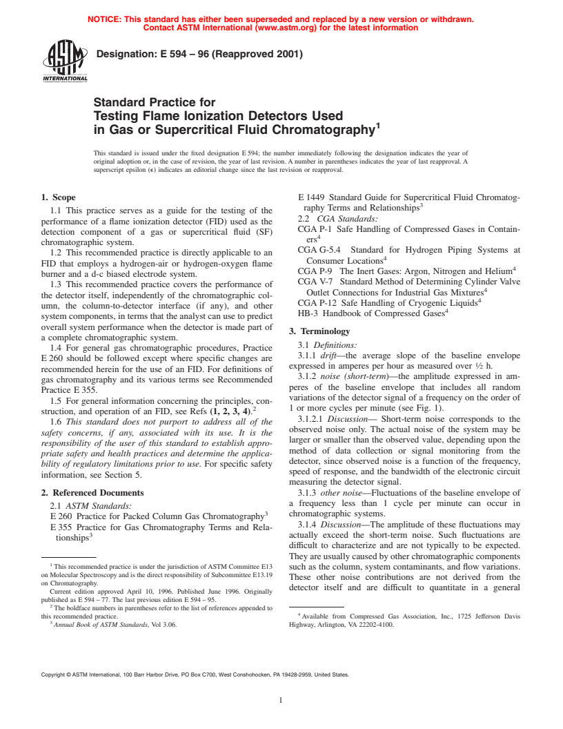 ASTM E594-96(2001) - Standard Practice for Testing Flame Ionization Detectors Used in Gas or Supercritical Fluid Chromatography