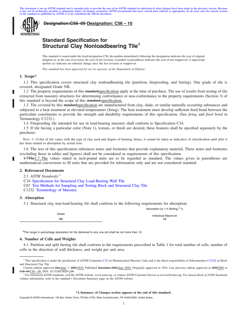 REDLINE ASTM C56-10 - Standard Specification for Structural Clay Nonloadbearing Tile