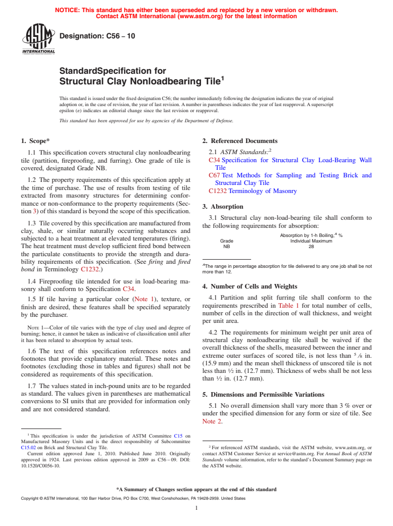 ASTM C56-10 - Standard Specification for Structural Clay Nonloadbearing Tile