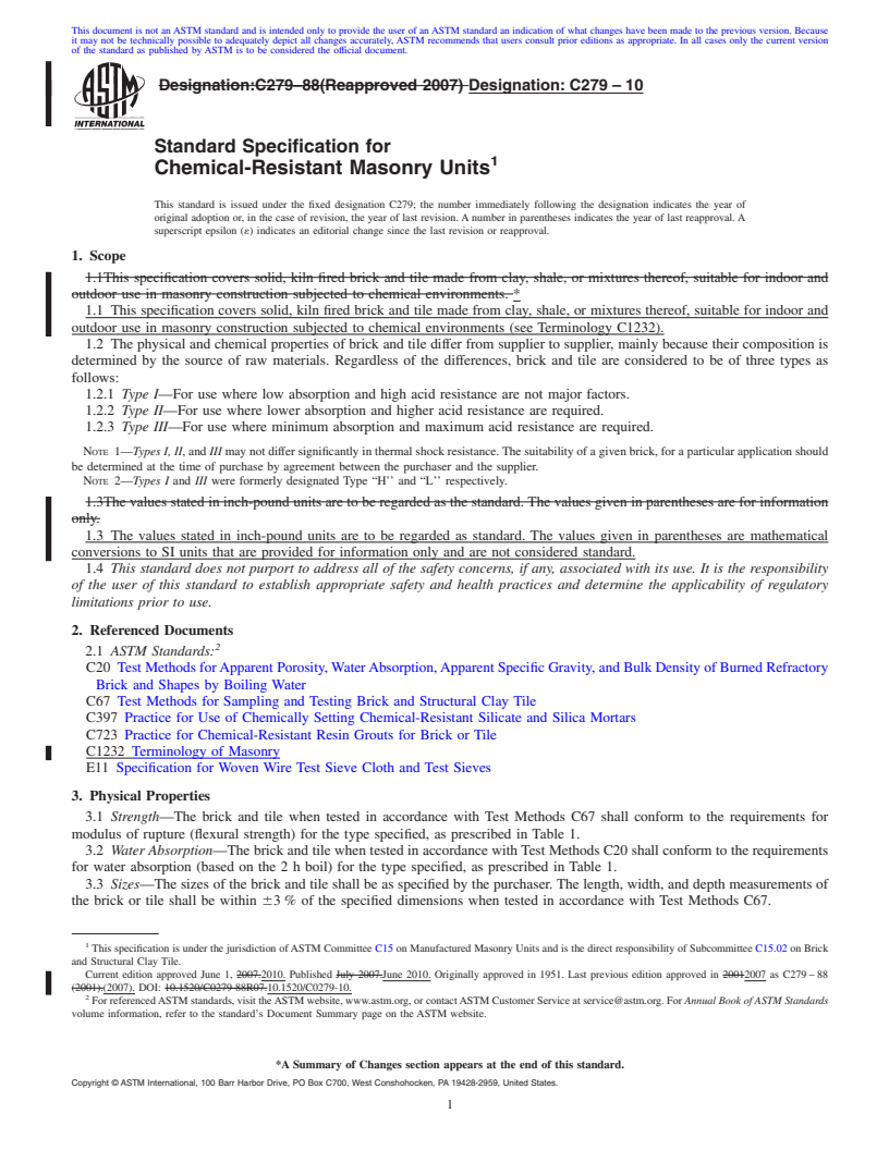 REDLINE ASTM C279-10 - Standard Specification for Chemical-Resistant Masonry Units