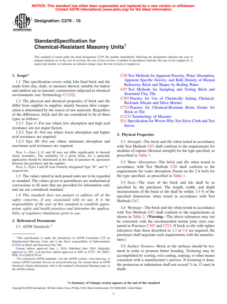 ASTM C279-10 - Standard Specification for Chemical-Resistant Masonry Units