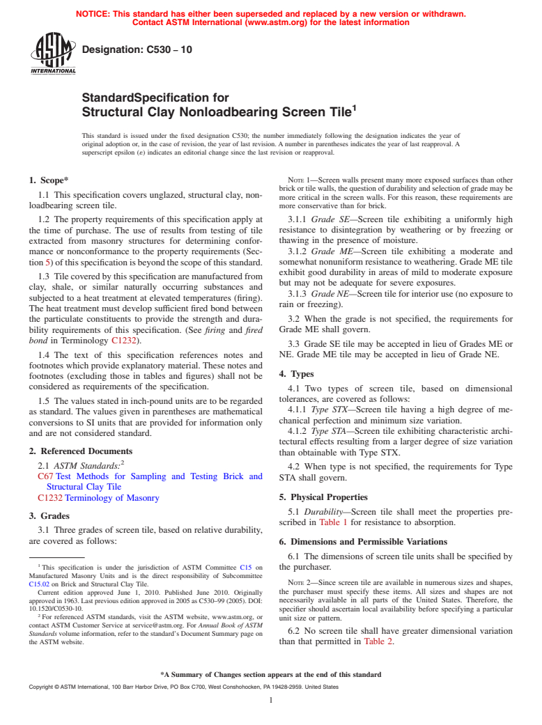 ASTM C530-10 - Standard Specification for Structural Clay Nonloadbearing Screen Tile