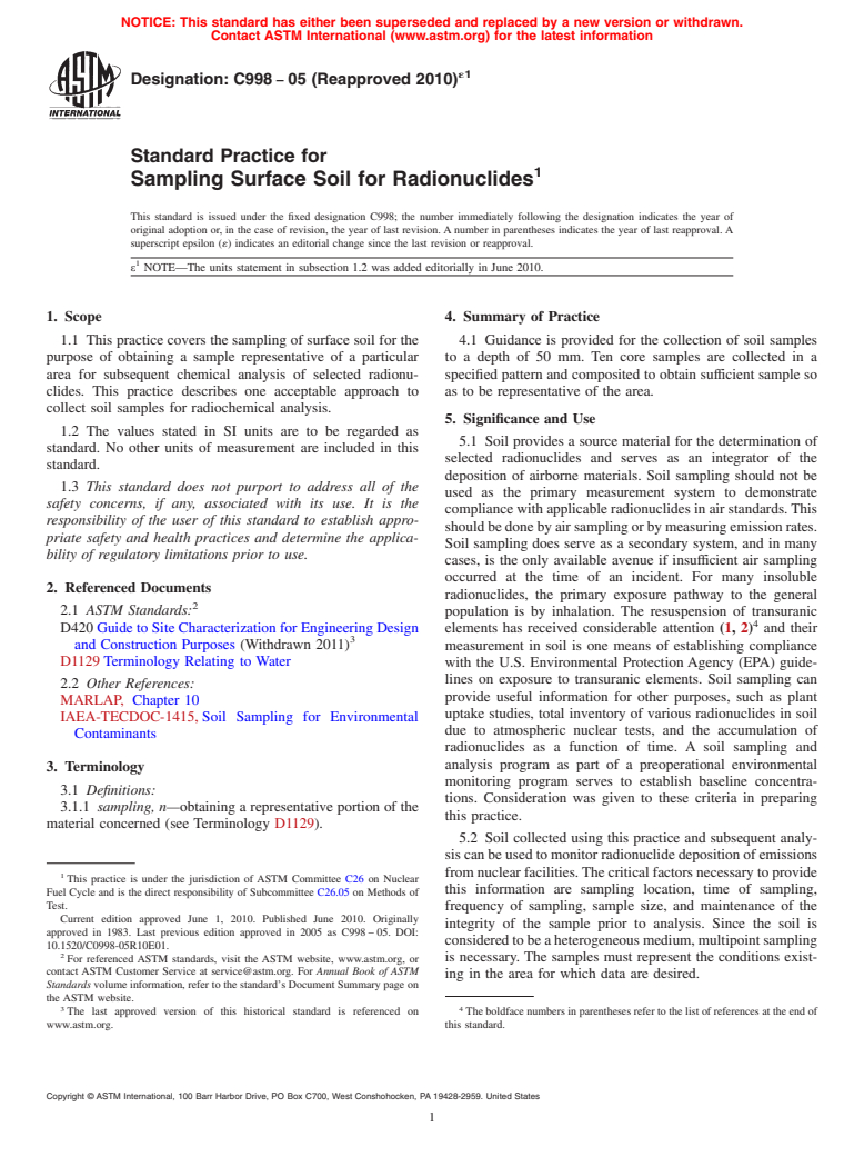 ASTM C998-05(2010)e1 - Standard Practice for Sampling Surface Soil for Radionuclides