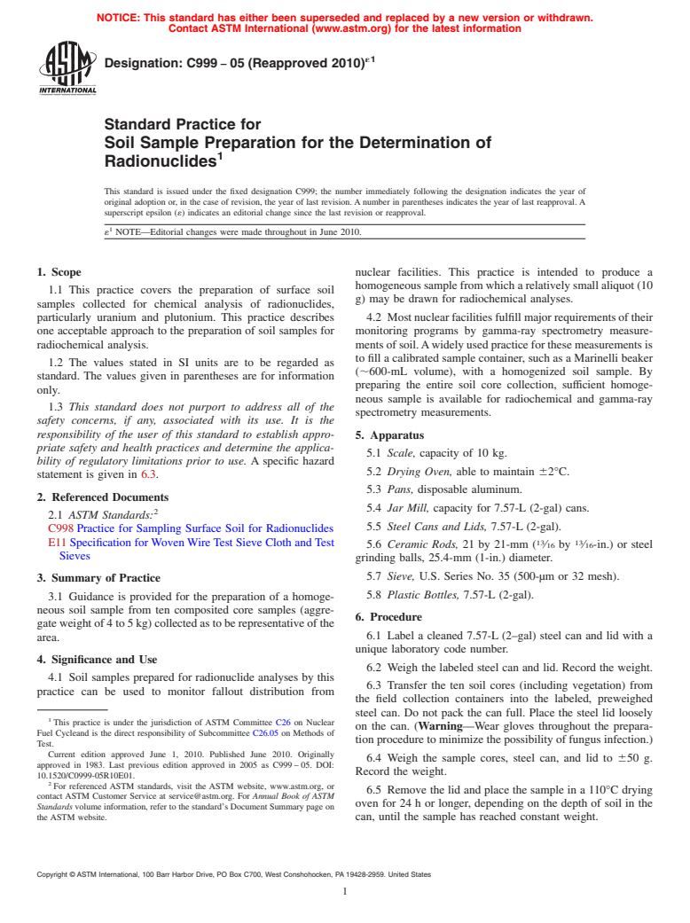 ASTM C999-05(2010)e1 - Standard Practice for Soil Sample Preparation for the Determination of Radionuclides