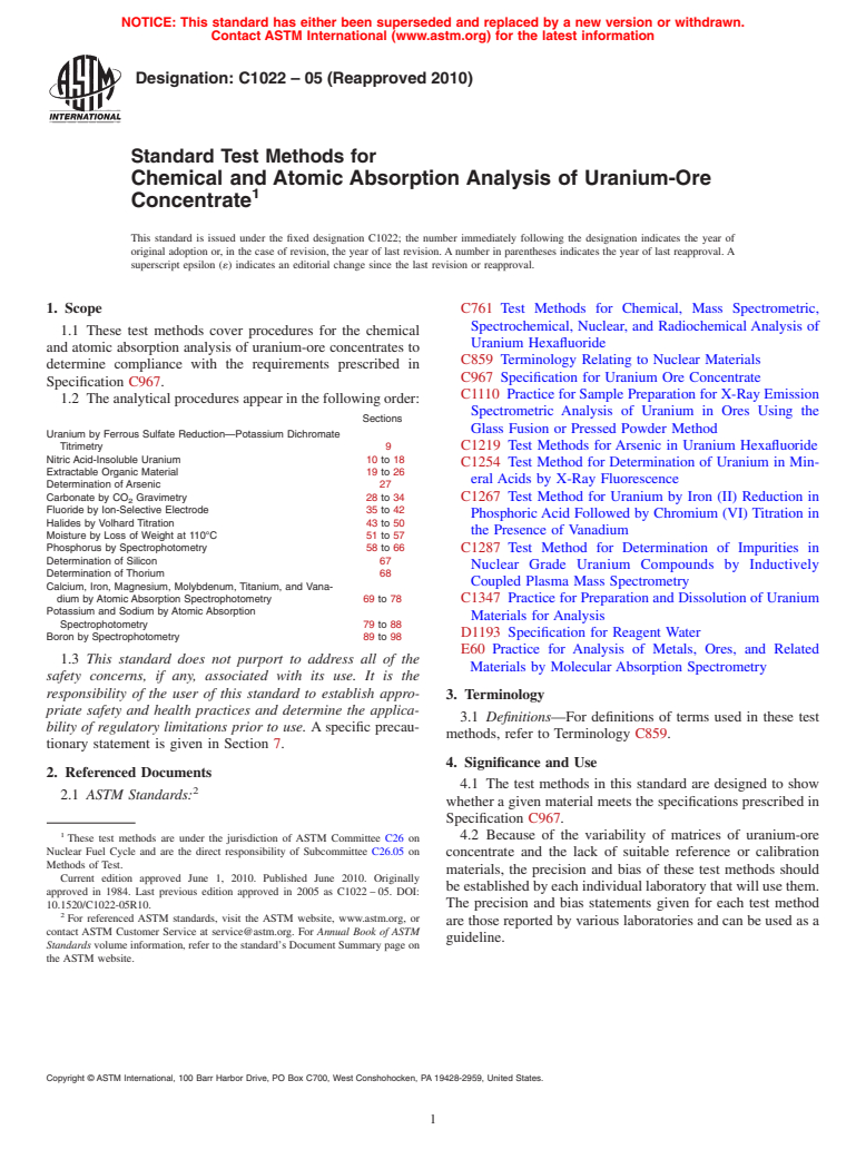 ASTM C1022-05(2010) - Standard Test Methods for Chemical and Atomic Absorption Analysis of Uranium-Ore Concentrate