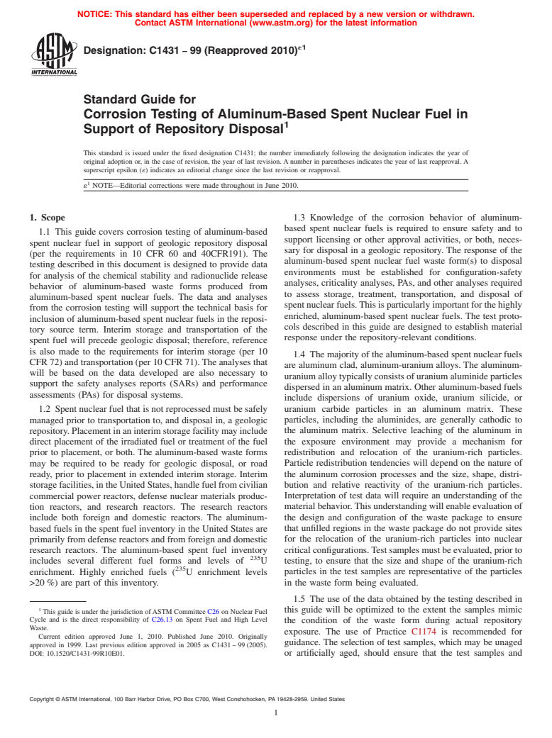 ASTM C1431-99(2010)e1 - Standard Guide for Corrosion Testing of Aluminum-Based Spent Nuclear Fuel in Support of Repository Disposal