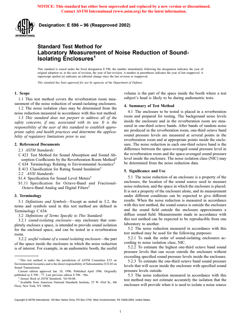 ASTM E596-96(2002) - Standard Test Method for Laboratory Measurement of Noise Reduction of Sound-Isolating Enclosures