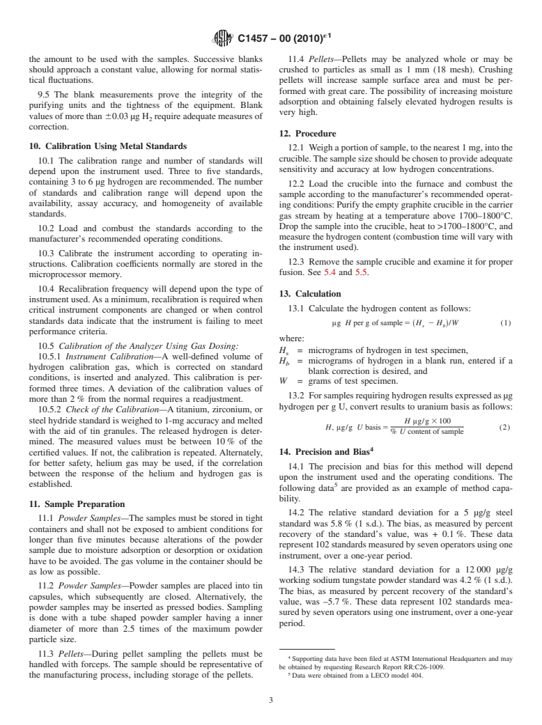 ASTM C1457-00(2010)e1 - Standard Test Method for the Determination of Total Hydrogen Content of Uranium Oxide Powders and Pellets by Carrier Gas Extraction