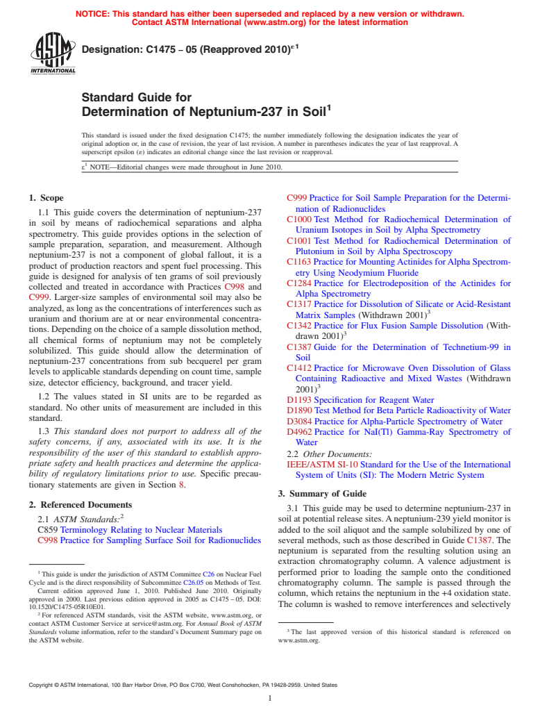 ASTM C1475-05(2010)e1 - Standard Guide for Determination of Neptunium-237 in Soil