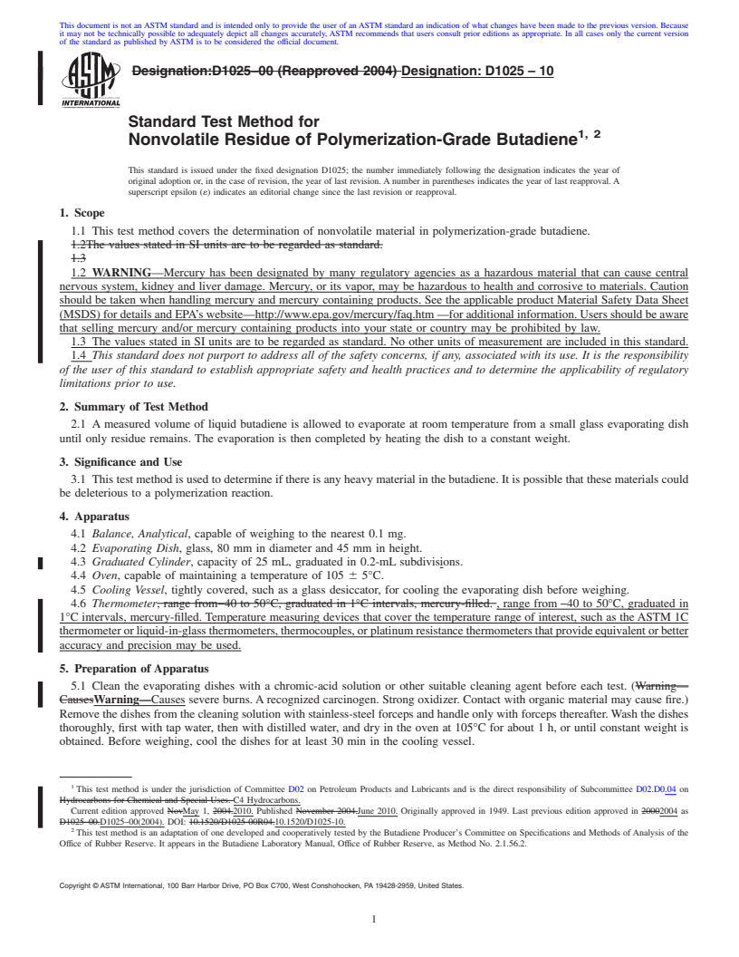 REDLINE ASTM D1025-10 - Standard Test Method for Nonvolatile Residue of Polymerization Grade Butadiene