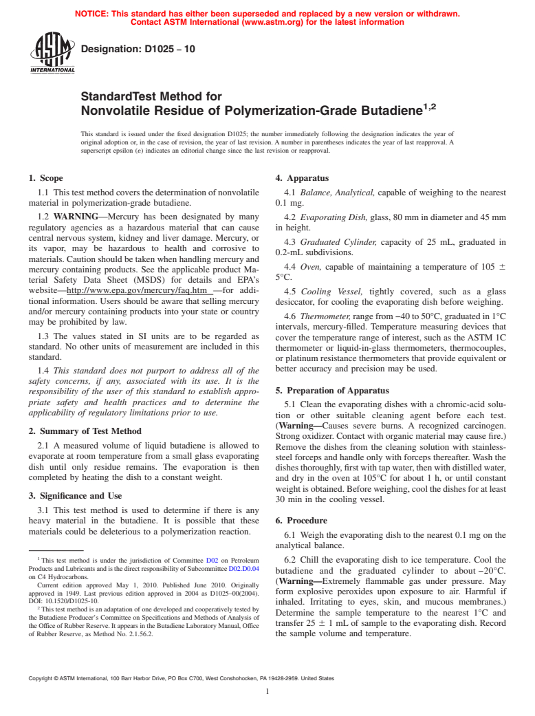 ASTM D1025-10 - Standard Test Method for Nonvolatile Residue of Polymerization Grade Butadiene