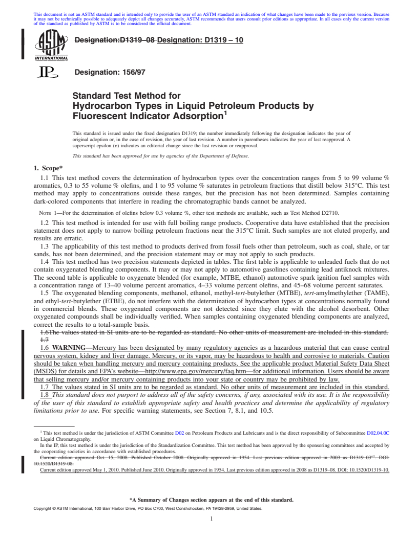 REDLINE ASTM D1319-10 - Standard Test Method for Hydrocarbon Types in Liquid Petroleum Products by Fluorescent Indicator Adsorption