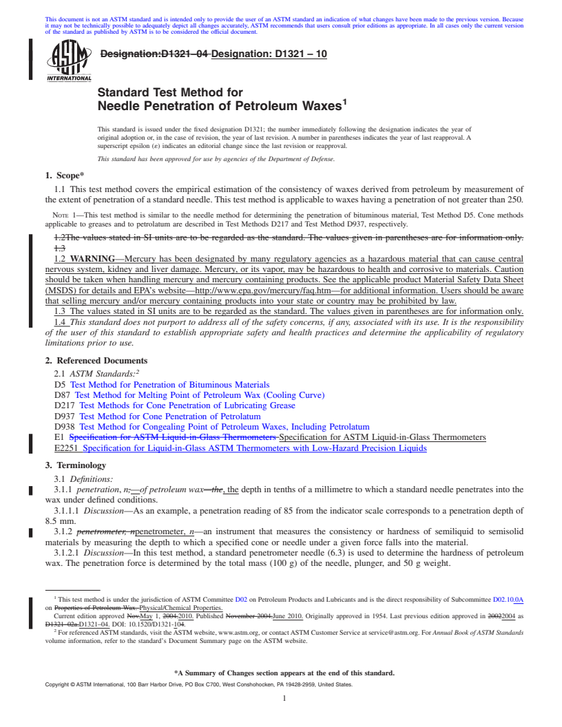 REDLINE ASTM D1321-10 - Standard Test Method for Needle Penetration of Petroleum Waxes