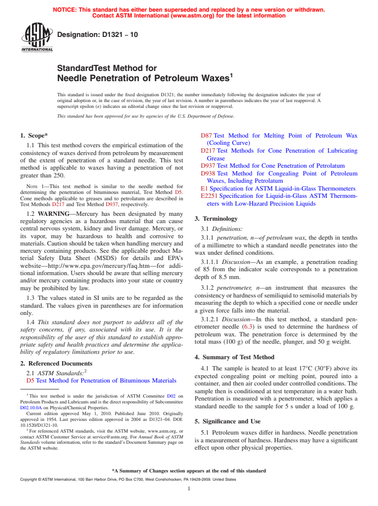 ASTM D1321-10 - Standard Test Method for Needle Penetration of Petroleum Waxes