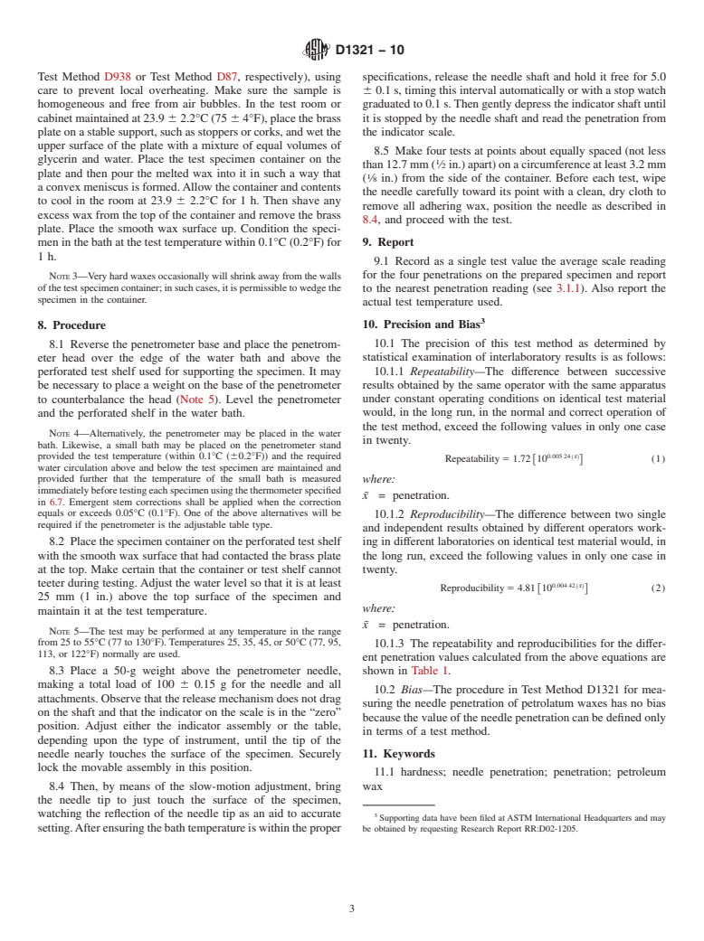 ASTM D1321-10 - Standard Test Method for Needle Penetration of Petroleum Waxes