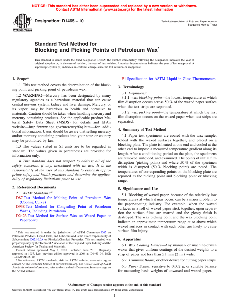 ASTM D1465-10 - Standard Test Method for Blocking and Picking Points of Petroleum Wax