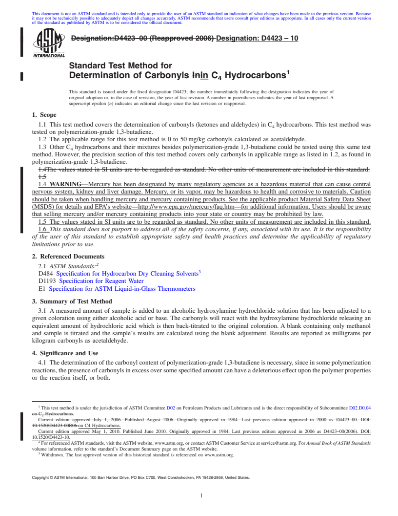 REDLINE ASTM D4423-10 - Standard Test Method for Determination of Carbonyls In C<inf>4</inf> Hydrocarbons