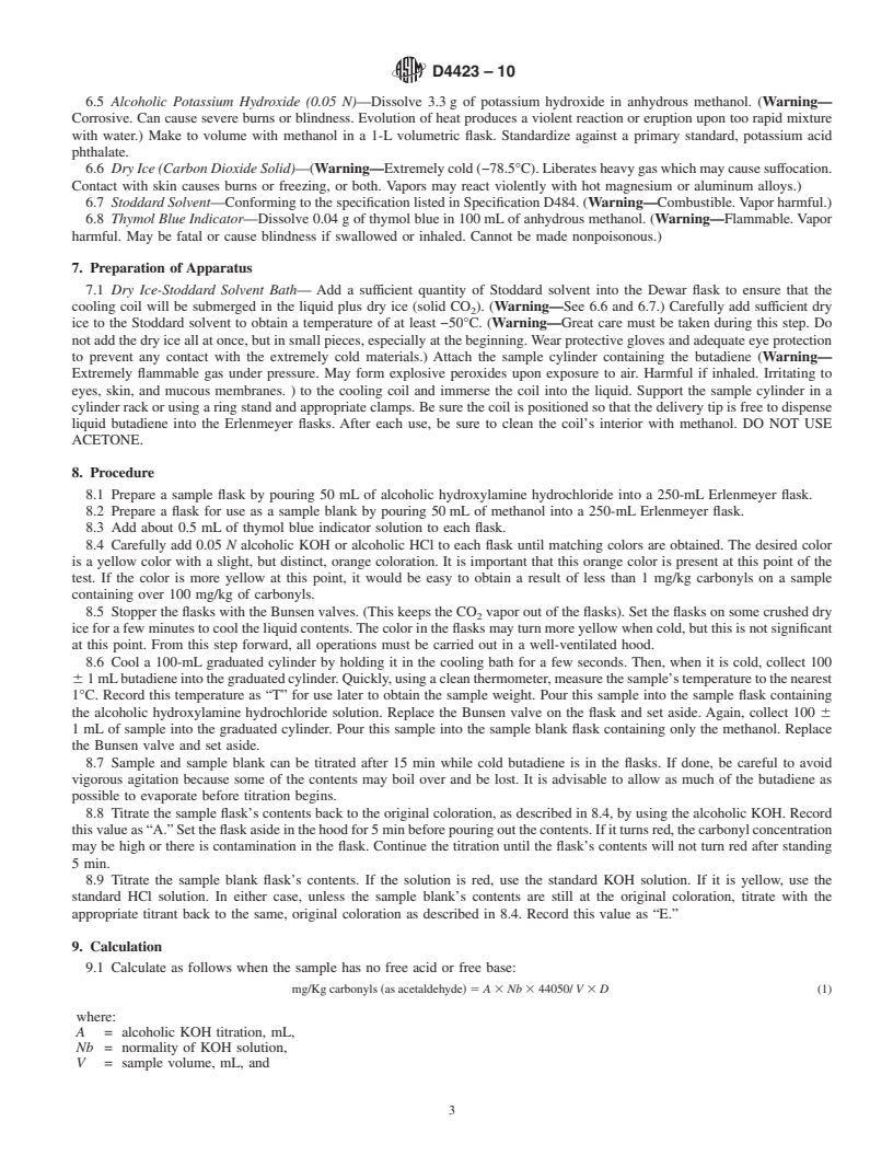 REDLINE ASTM D4423-10 - Standard Test Method for Determination of Carbonyls In C<inf>4</inf> Hydrocarbons