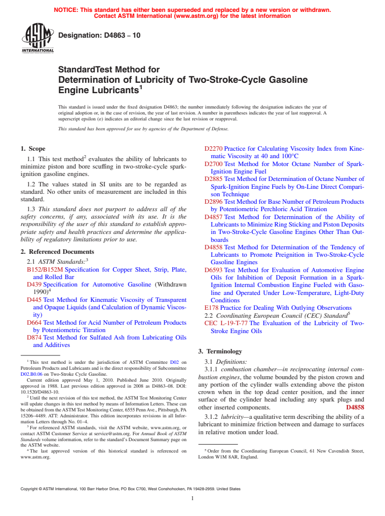 ASTM D4863-10 - Standard Test Method for Determination of Lubricity of Two-Stroke-Cycle Gasoline Engine Lubricants