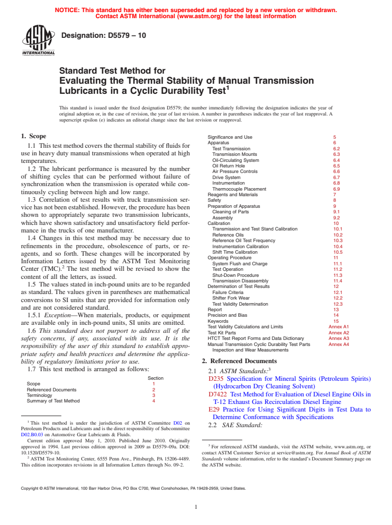 ASTM D5579-10 - Standard Test Method for Evaluating the Thermal Stability of Manual Transmission Lubricants in a Cyclic Durability Test