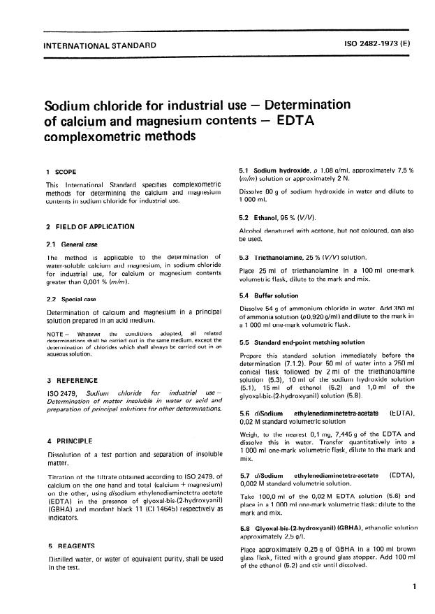 ISO 2482:1973 - Sodium chloride for industrial use -- Determination of calcium and magnesium contents -- EDTA complexometric methods