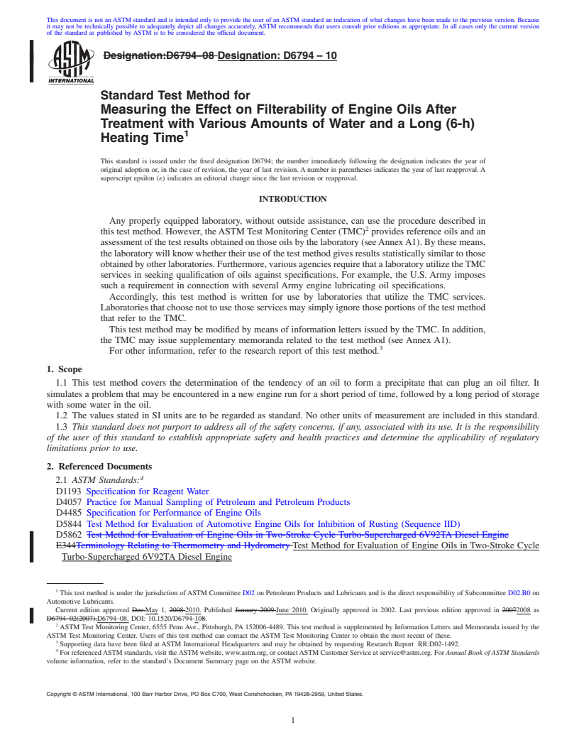 REDLINE ASTM D6794-10 - Standard Test Method for Measuring the Effect on Filterability of Engine Oils After Treatment with Various Amounts of Water and a Long (6-h) Heating Time