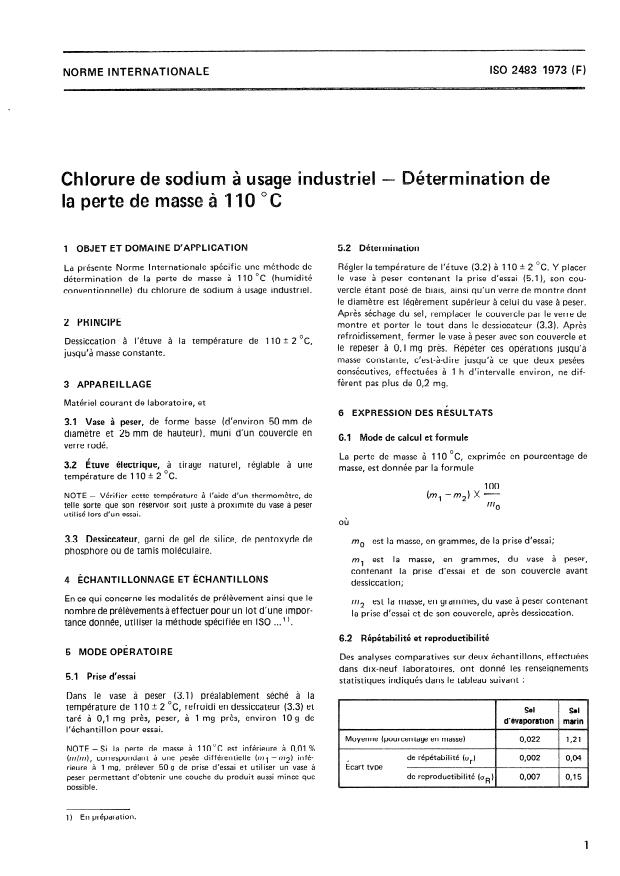 ISO 2483:1973 - Chlorure de sodium a usage industriel -- Détermination de la perte de masse a 110 degrés C