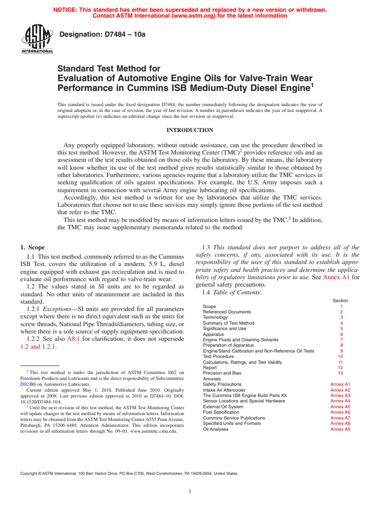 ASTM D7484-10a - Standard Test Method for Evaluation of Automotive Engine Oils for Valve-Train Wear Performance in Cummins ISB Medium-Duty Diesel Engine